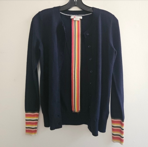 Boden Navy Cardigan with Multicolor Striped Cuffs Women's Size Xsmall - Picture 8 of 14